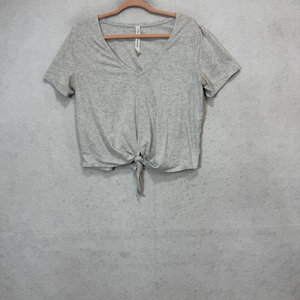 Lululemon Shirt Womens 10 Gray Short Sleeve V Neck Cropped Tie Front Yoga Top